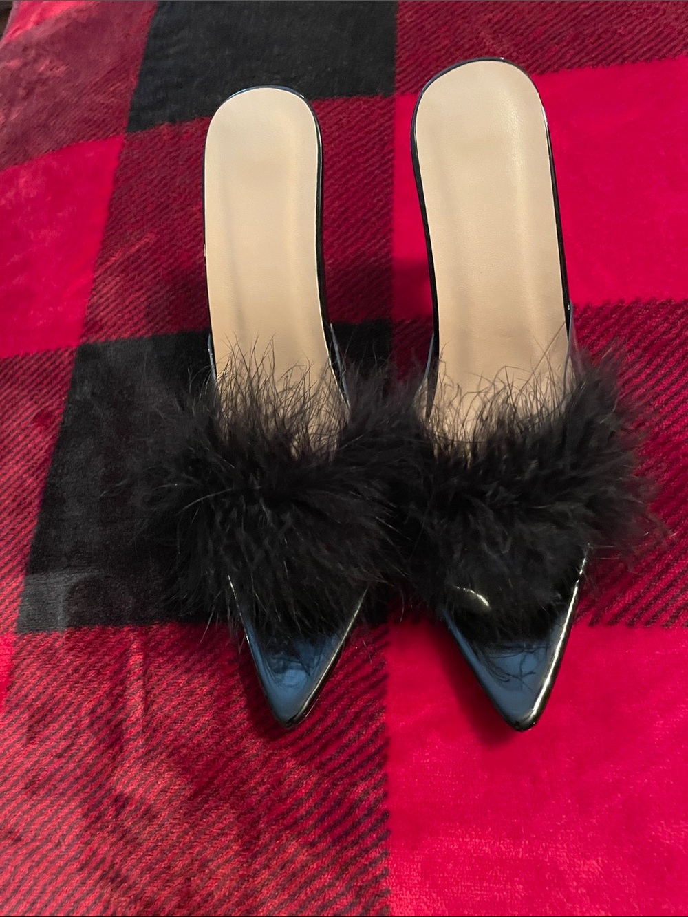 Black Feather-Trim Pointed Toe Slip-On Heels for Women
